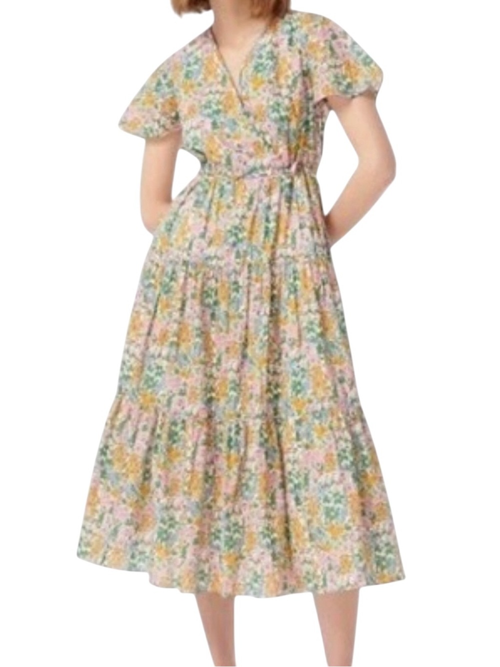 J. Crew + Liberty Cotton Floral Walk Short Sleeve Faux Wrap Midi Dress